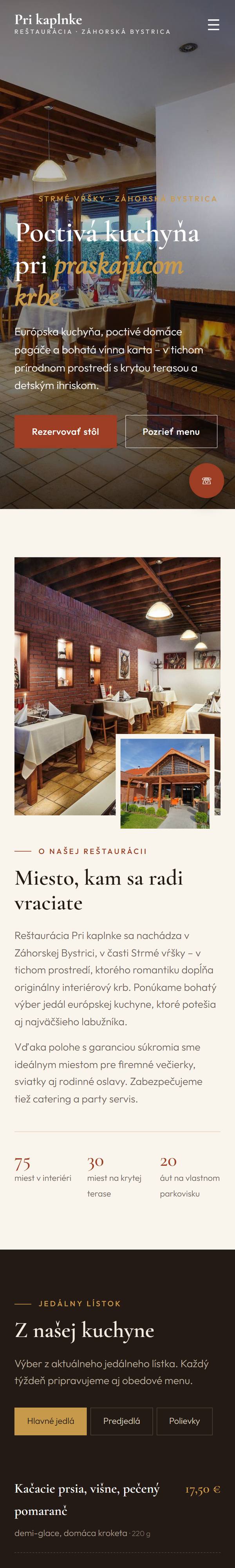 Ukážka webu Reštaurácie Pri kaplnke v mobile